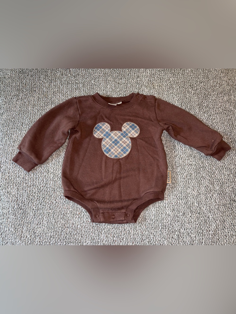 Disney Baby Brown Plaid Mickey Mouse Sweatshirt Onesie Bodysuit